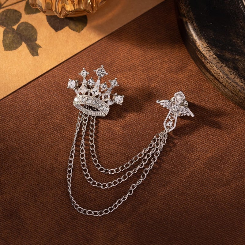 Uarein Cross Crown Long Chain Brooch, Rhinestone Tassel Brooch Pin,Retro Crystal Suit Pins Collar Pin,Coat Tassel Chain Lapel Pins for Men's Suit Accessories - Image 5